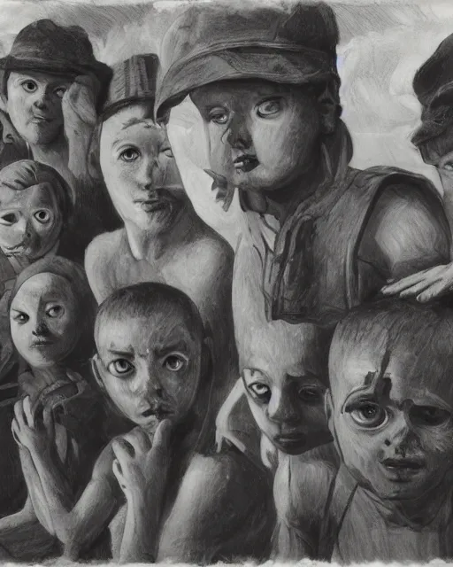 Image similar to group of creep children staring out, black and white character portrait, ultra realistic, concept art, intricate details, war, cinematic, highly detailed by grant wood