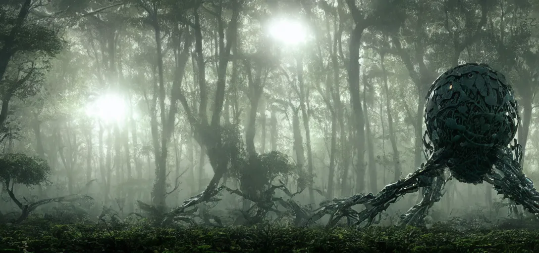 Image similar to a complex organic fractal 3 d metallic symbiotic ceramic humanoid megastructure creature in a swampy lush forest, foggy, sun rays, cinematic shot, photo still from movie by denis villeneuve, wayne barlowe