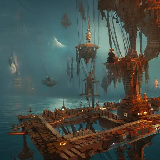Prompt: a floating city built on a flying pirate ship, digital painting, artstation, concept art, intricate, octane render, 8 k, unreal engine