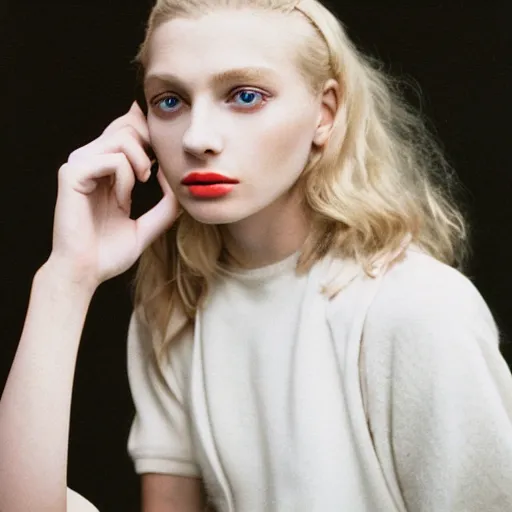 Image similar to realistic! photoshoot for a new chanel lookbook, color film photography, portrait of a beautiful blonde woman, in style of tyler mitchell, 35mm