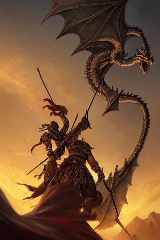 Prompt: Epic ancient fantasy action keyframe of a hooded Sumerian warrior with a huge crossbow atop a vast tower battling against a flying fire dragon. Zoomed out vast vista, HD, Pixar movie quality. Trending on DeviantArt, highly detailed, 2d game poster by Jesper Ejsing, by RHADS, Makoto Shinkaih and Lois van baarle, ilya kuvshinov, rossdraws, cinematic , hyper-realistic, depth of field, coherent, high definition, 8k resolution octane renderer,