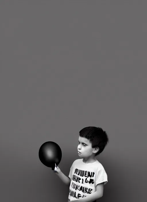 Image similar to A black and white graffiti of boy holding a single graffiti dark blue balloon on a concrete background in the style of Banksy, graffiti, digital art