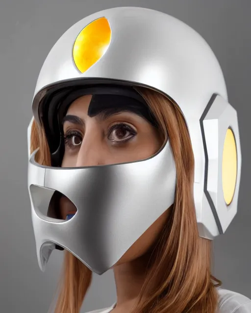Prompt: centered medium shot fine studio photograph of a beautiful persian girl wearing only a mecha electronic zoroastrian helmet with led lights, ultra-realistic, white background, 8k HDR sunset lit, intricate detail