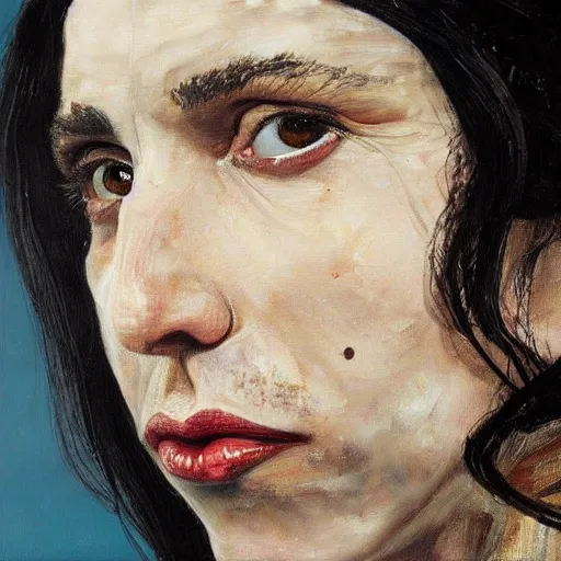 Image similar to high quality high detail painting by lucian freud, hd, portrait of pj harvey