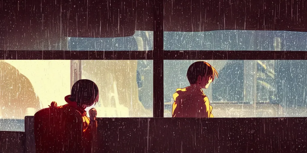 Image similar to Girl sitting in a window seat in a bus at night, raining, cinematic lighting, style by Makoto Shinkai