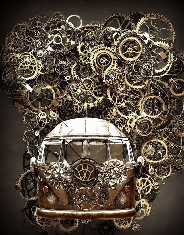 Prompt: ultrarealistic steam punk neural vintage volkswagen bus placed on a pedestal, covered with neurons made of gears. dramatic lighting