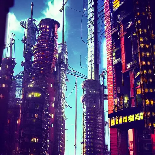 Image similar to “establishing shot focused on the bustling industrial complex at the base of an isolated tower in Neo-Tokyo. Taller than any other building nearby. 2077 Akira. Photo taken in the style of Denis Villeneuve 8k”