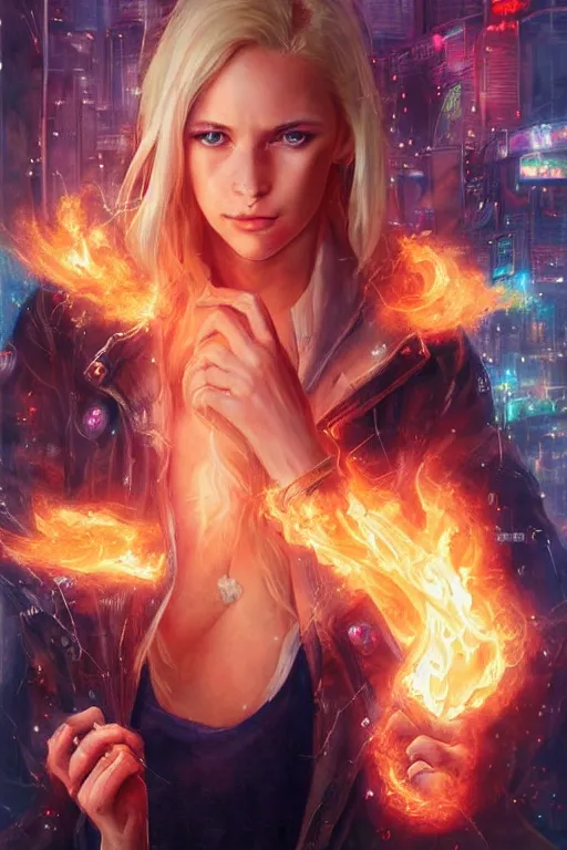 Prompt: wonderful young blonde woman with flames dancing on her hands with a long jacket in a cyberpunk city, realistic, high definition, detailed and symetric face, detailed and realistic hands, expressive eyes, 4 k, shimmering color, art by artgerm ans greg rutkowski and magali villeneuve