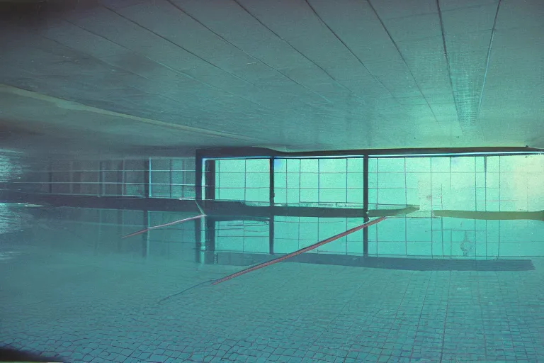 Image similar to 1 9 7 0 s found footage of an underwater space made up of a non - euclidean swimming pool portals with many entries and exits, neon color bleed, ektachrome photograph, volumetric lighting, cinematic eastman 5 3 8 4 film