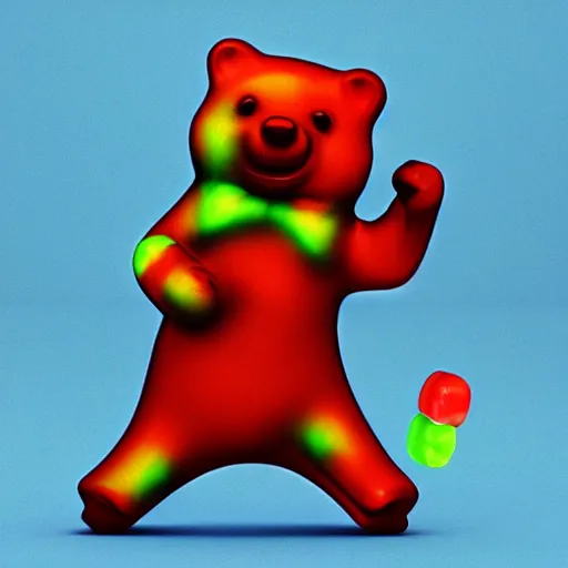 Prompt: a gummy bear dancing, 4 k, photorealistic