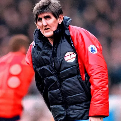 Prompt: manga peter beardsley wearing a puffa jacket