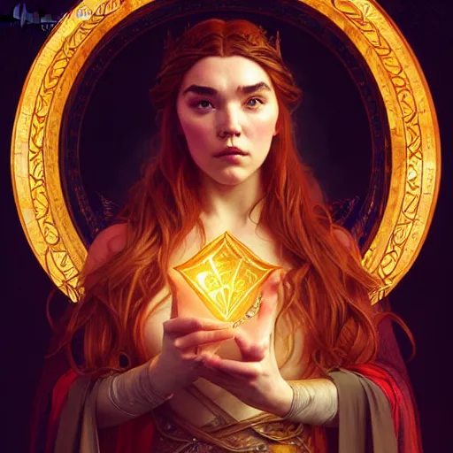 Image similar to Florence Pugh as a fantasy sorceress, D&D, fantasy, intricate, elegant, highly detailed, digital painting, artstation, concept art, matte, sharp focus, illustration, art by Artgerm and Greg Rutkowski and Alphonse Mucha