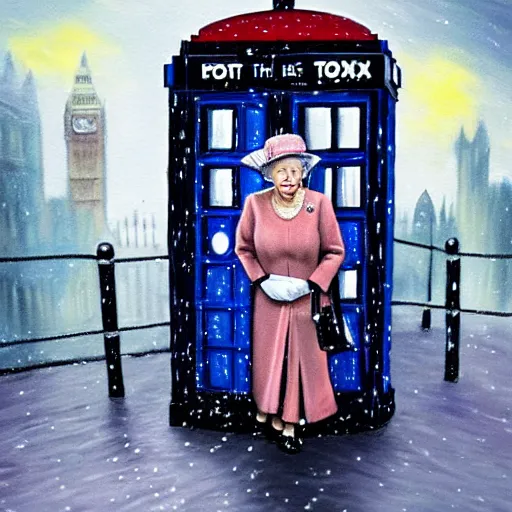 Prompt: Hyperrealistic painting of Queen Elizabeth II walking out of the Tardis on a dark rainy London street