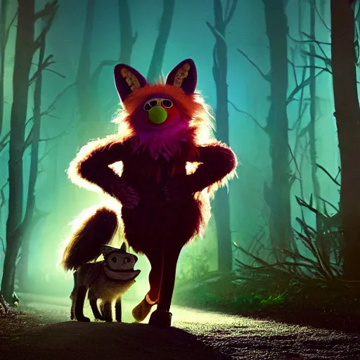 Image similar to a large druid fox muppet wearing a cloak holding a lit torch and herding a bunch of random muppet animals following behind through a dark felt forest at night, sesame street, photograph, photography, ultrarealistic, national geographic