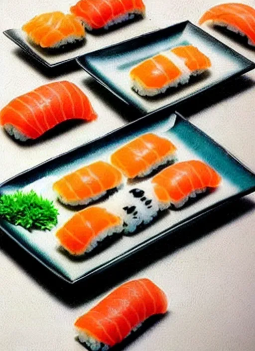 Image similar to clear photorealistic picture of adorable cats made out of sushi, sitting on sushi plates, additional sushi