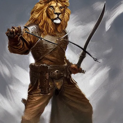 Image similar to medieval lion warrior fighting with a sword, book cover, digital art, detailed, realistic, artstation