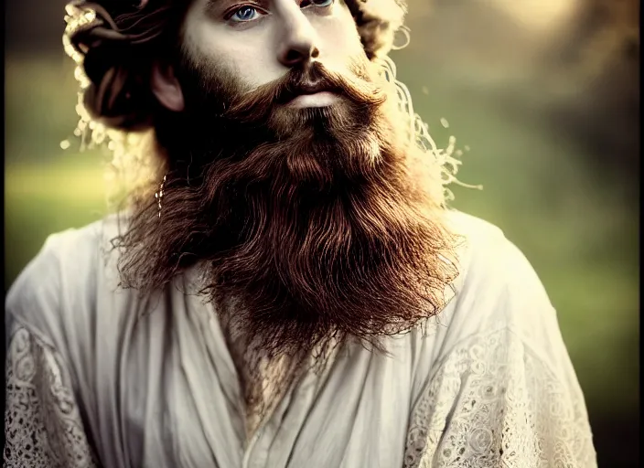 Prompt: portrait photography of a beautiful bearded man how pre-Raphaelites beauty type in style of Nicolas False, britt marling style 3/4 , his hair are intricate with highly detailed realistic branches with flowers, beautiful ethereal lace white robes, 8K, soft light, volumetric lighting, highly detailed Realistic, Refined, Highly Detailed, natural outdoor soft pastel lighting colors scheme, outdoor fine art photography