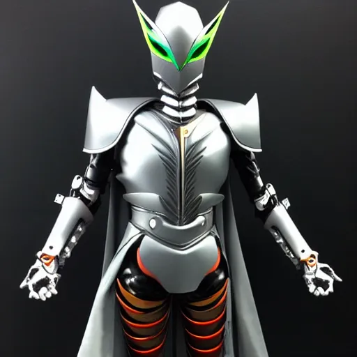 Image similar to Biomechanical Kamen Rider, glowing eyes, daytime, grey rubber undersuit, Guyver Dark Hero inspired armor