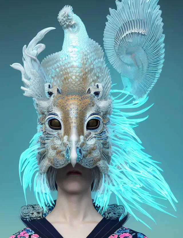 Image similar to 3 d goddess close - up frontal portrait with cat skull. beautiful intricately detailed japanese crow kitsune mask and clasical japanese kimono. betta fish, jellyfish phoenix, bio luminescent, translucent, plasma, ice, water, wind, creature, artwork by tooth wu and wlop and beeple. vray. behance. 8 k