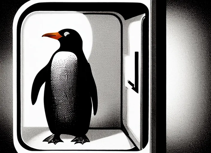 Prompt: penguin inside a refrigerator, colorful,modern art deco, Mads Berg, Karolis Strautniekas,small finely stippled light, dramatic lighting, editorial illustration, detailed, matte print, film noir, dynamic composition,moody