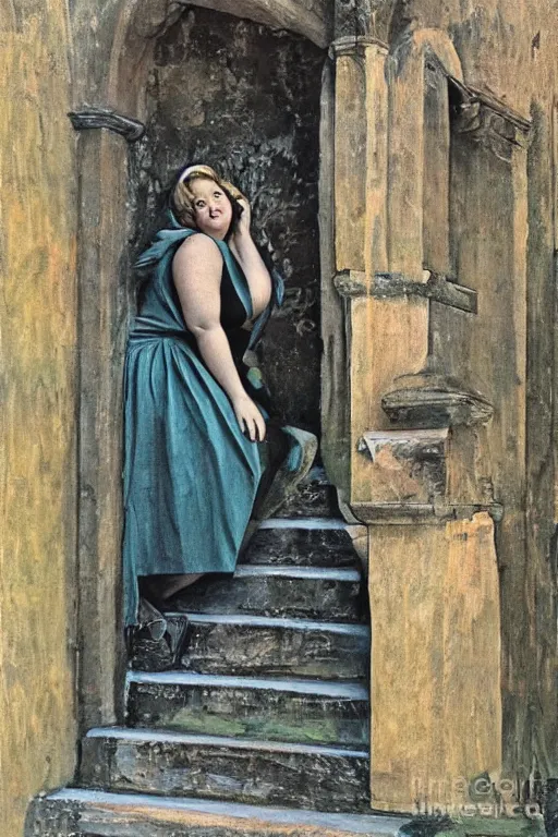 Prompt: plus - sized woman sitting on the stairs of a medieval building, summer, nature, natural light, forest setting, 1 9 6 0 s art, neo - renaissance, pop art, gothic, art nouveau, baroque art, mixed media, by tom wesselman, by mel ramos, by martial raysse, by antonello de messina