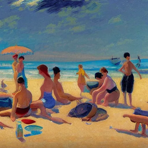 Image similar to A beautiful computer art of a group of people on a beach. The colors are muted and the overall tone is serene. The people are all engaged in different activities, from reading to playing games, and the artwork seems to be capturing a moment of peace and relaxation. by Max Pechstein beautiful