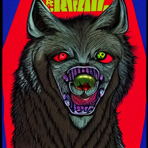 Image similar to portrait of ugly wolf, retarded, eyes in different directions, rabies, propaganda style, vivid colors