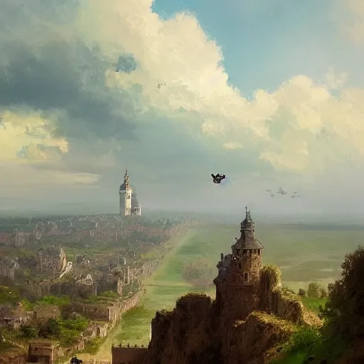 Image similar to greg rutkowski painting of an island floating in the air above a barren wasteland, on the island there is a cracow wawel castle and a lot of green vegetation, beautiful, detailed