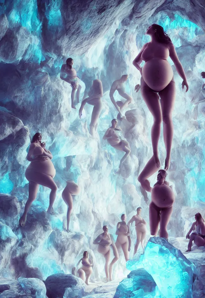 Image similar to epic leader pregnant woman talking to all her tribe with fluorescence bodies, proud people looking at the pregnant woman, ice cave, facinating, fantasy digital art, octane render, beautiful composition, trending on artstation, award - winning photograph, masterpiece