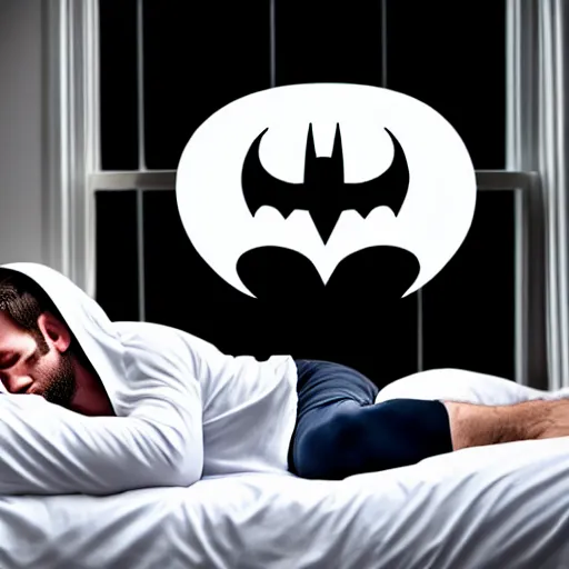 Image similar to man sleeping in bed with white tentacle mask with batman lurking menacingly in the window