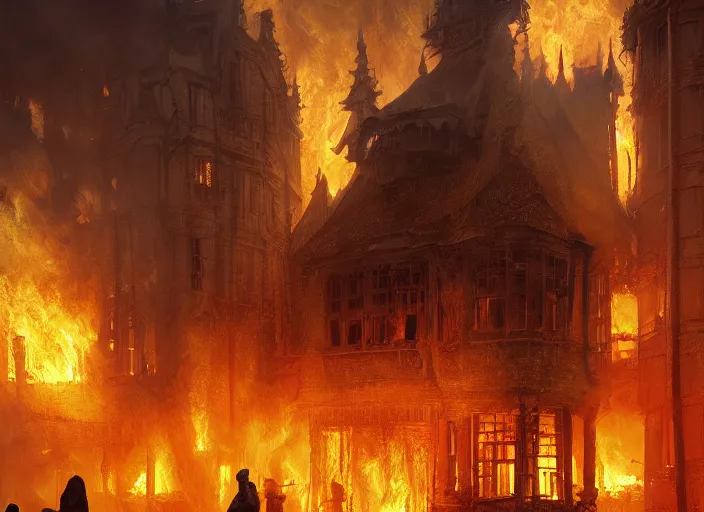 Image similar to the rich golden house burns in fire, volumetric lighting, digital painting, highly detailed, artstation, sharp focus, illustration, concept art, ruan jia, steve mccurry, amazing composition, gothic arch frame