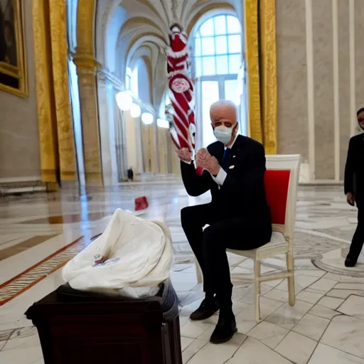 Image similar to joe biden soils his diaper and a white chair at the vatican,