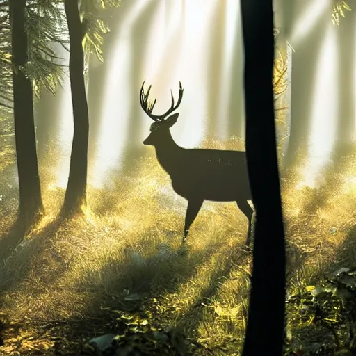 Prompt: a close up of a deer with ( ( ( glowing eyes ) ) ), background of a landscape misty forest scene, the sun shining through the trees