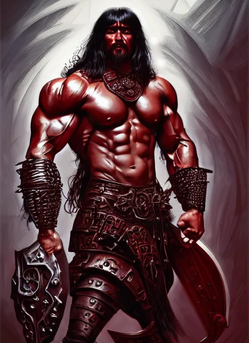 Prompt: portrait of aggresive conan the barbarian, d & d, muscular! athetic slim bodybuilder, red and black, futuristic, fantasy, intricate, elegant, highly detailed, digital painting, artstation, concept art, smooth, sharp focus, illustration, art by artgerm and greg rutkowski and alphonse mucha