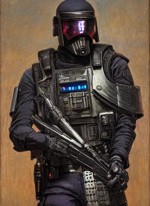 Image similar to Eliezer Nash. Menacing Cyberpunk police trooper wearing a combat vest. Rainy streets (dystopian, police state, Cyberpunk 2077, bladerunner 2049). Iranian orientalist portrait by john william waterhouse and Edwin Longsden Long and Theodore Ralli and Nasreddine Dinet, oil on canvas. Cinematic, vivid colors, hyper realism, realistic proportions, dramatic lighting, high detail 4k