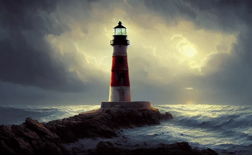 Prompt: painting of a lighthouse at sunset in a storm, natural light, concept art, by greg rutkowski, cozy atmospheric and cinematic lighting