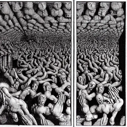 Image similar to frame:1 tortured soul in a nightmarish hell, by escher, by Leonardo da Vinci