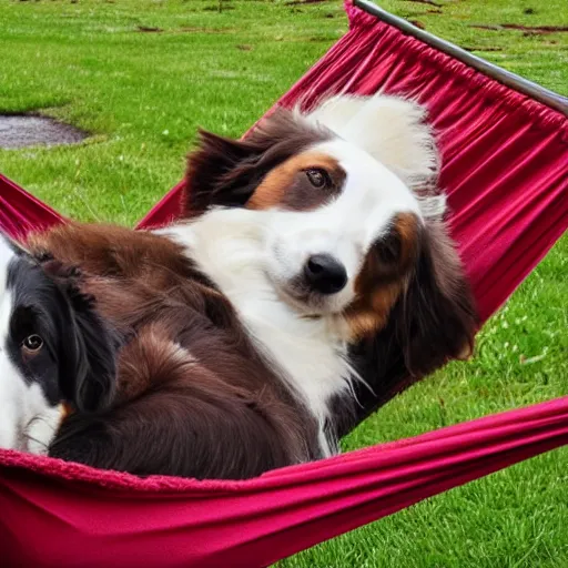 Prompt: brown border collie relaxing in a hammock, drinking hot chocolate
