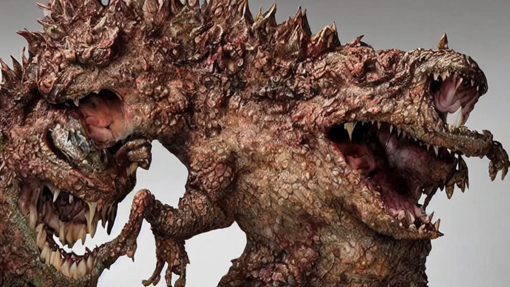 Prompt: A cinematic sculpture of a cute by scary monster with scaly skin and crazy hair by Rick Baker and Chris Walas.