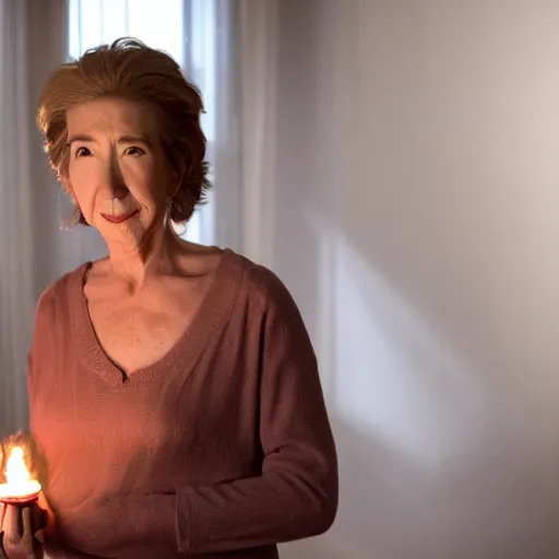 Image similar to a cinematic medium shot of lin shaye holding an oil lamp, realistic, cinematography, dutch angle, 5 0 mm, 3 point lighting, dark setting