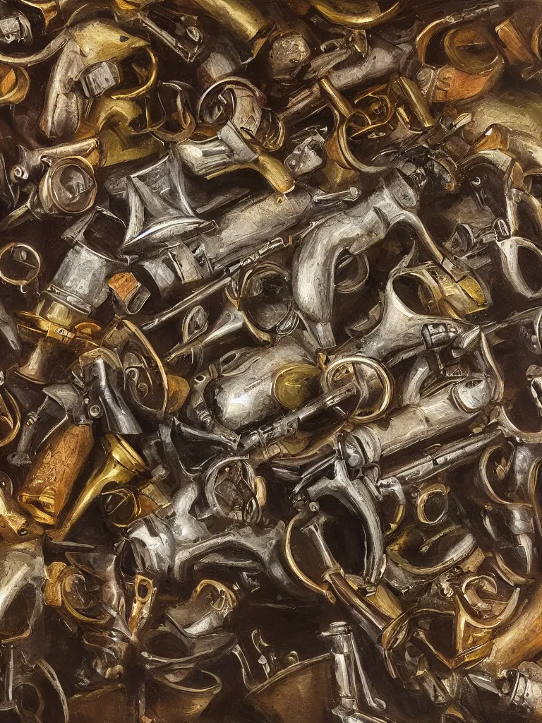 Image similar to oil painting of revolvers and bullets on a wall, ultrarealistic, intricate details, 4k