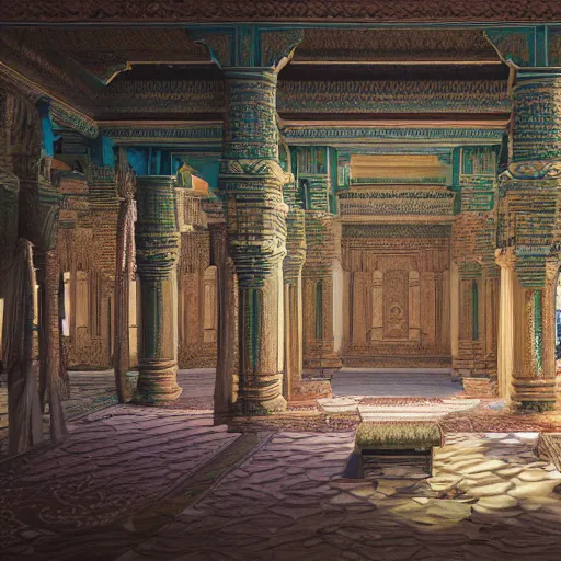 Image similar to stunning & visually striking highly detailed, hyperrealistic, intricate interior of an ancient indian palace, with tall beams, curtains, large paintings in frames, greenery around the pillars, exotic flower arrangement in style of Peter Mohrbacher, unreal engine, trending on artstation, octane render, 4K