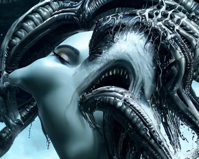 Image similar to cinematic still of kim kardashian being mouth fed by an xenomorph feeding her a transparent alien liquid, wet flowing hair, gooey skin, illustration, unreal engine 5, 8 k, directed by h. r. giger.