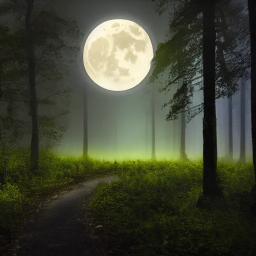 Prompt: Night, bright moon in the sky over a misty Forest, 4k