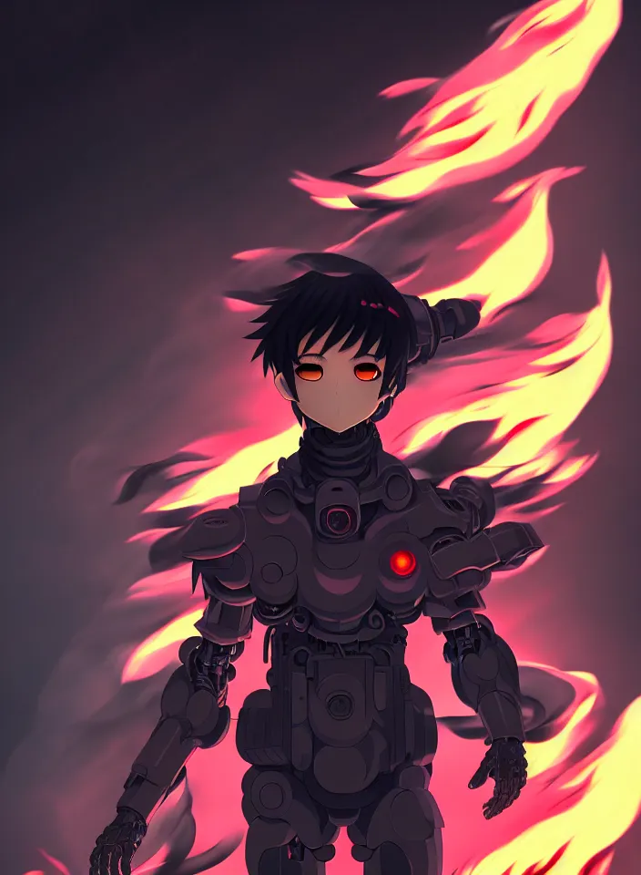 Image similar to a detailed manga illustration character full body portrait of a dark haired cyborg anime man surrounded by clouds of dark smoke and fire, trending on artstation, digital art, 4 k resolution, detailed, high quality, sharp focus, hq artwork, insane detail, concept art, character concept, character illustration, full body illustration, perfect anatomy, cinematic, volumetric lighting