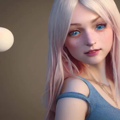 Image similar to Render of Lily, a cute 3d young woman, long white hair, full round face, light blue eyes, bisque skin tone, cute freckles, light red blush, smiling softly,wearing casual clothing, interior lighting, cozy living room background, medium shot, mid-shot, hyperdetailed, trending on Artstation, Unreal Engine 4k