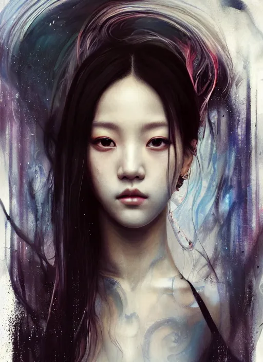 Image similar to jisoo of blackpink, snake, hyperrealistic portrait, perfect body, bladerunner street, by karol bak and agnes cecile, album cover, fantasy art, photo realistic, dynamic lighting, artstation, poster, volumetric lighting, very detailed face, 8 k, award winning