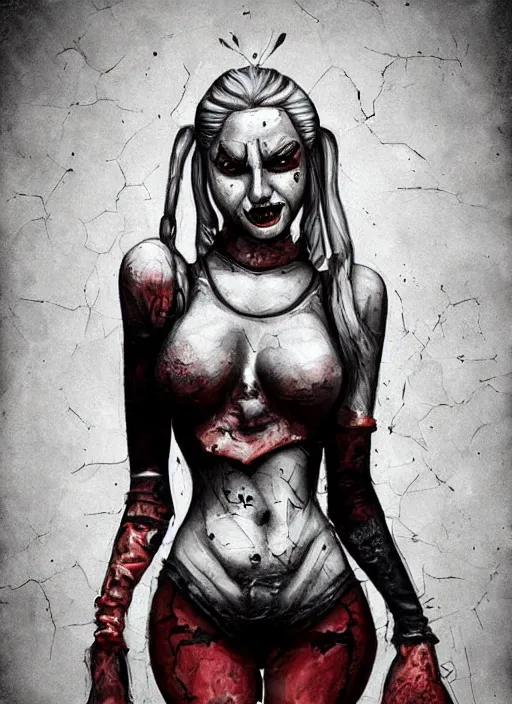 Image similar to surrealism grunge cartoon portrait sketch of harley quinn, by michael karcz, loony toons style, freddy krueger style, horror theme, detailed, elegant, intricate