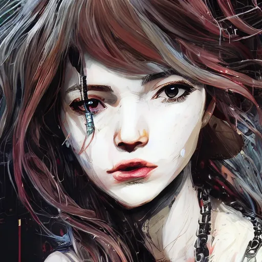 Prompt: highly detailed portrait of a young post-cyberpunk lady with wavy blonde hair, by Dustin Nguyen, Akihiko Yoshida, Greg Tocchini, Greg Rutkowski, Cliff Chiang, 4k resolution, nier:automata inspired, bravely default inspired, vibrant but dreary red, brown, black and white color scheme!!! ((Graffiti wall background))