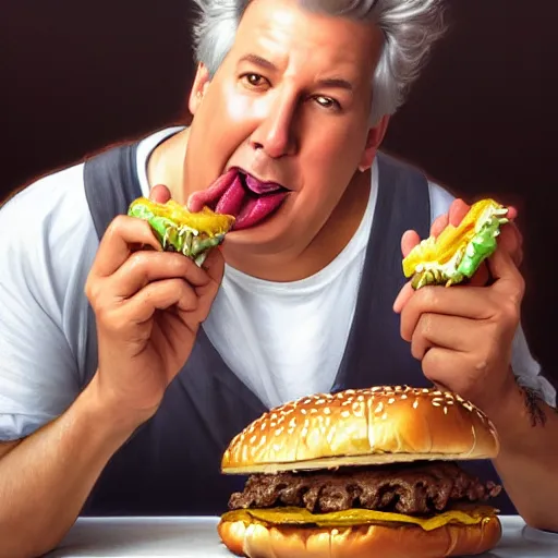 Image similar to portrait of a Marc Summers eating a hamburger, extra onions and ketchup, luscious patty with sesame seeds, masculine, handsome, D&D, fantasy, intricate, elegant, highly detailed, digital painting, artstation, concept art, matte, sharp focus, illustration, art by Artgerm and Greg Rutkowski and Alphonse Mucha